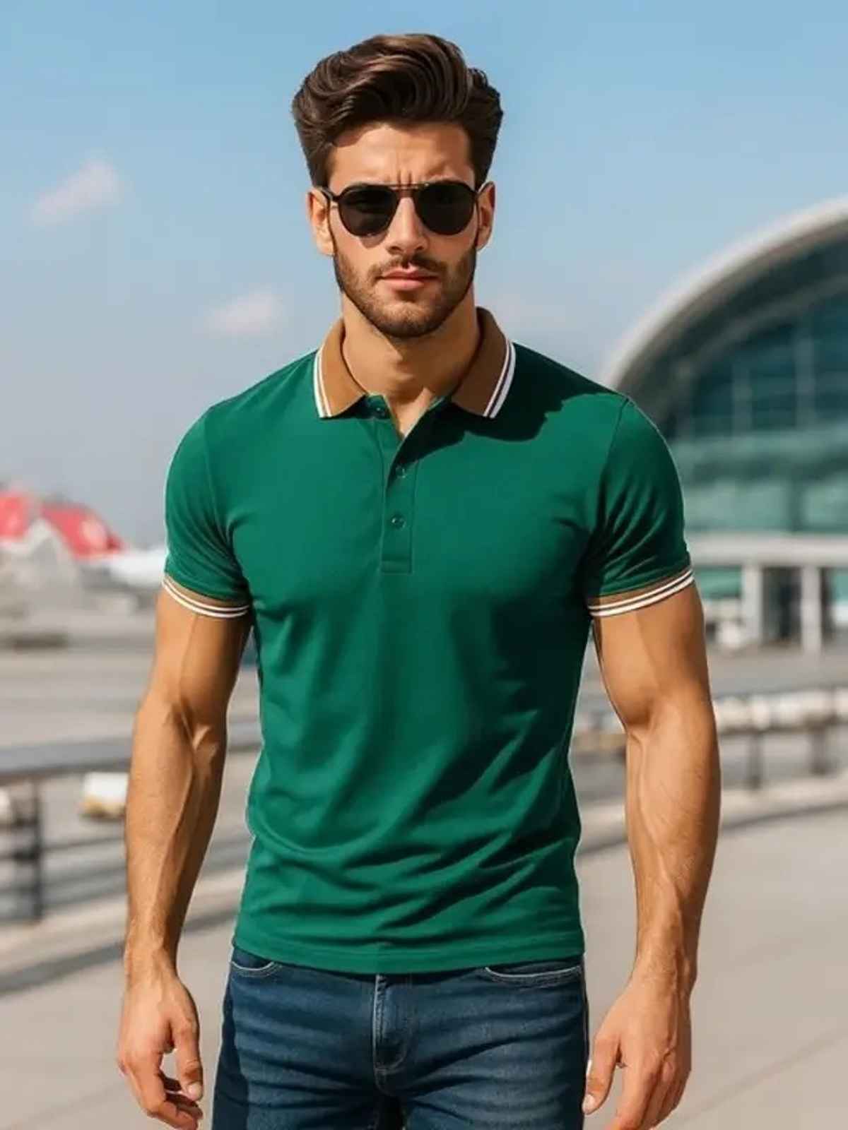 Veirdo Men Green Polo Collar Pure Cotton T-Shirt |L