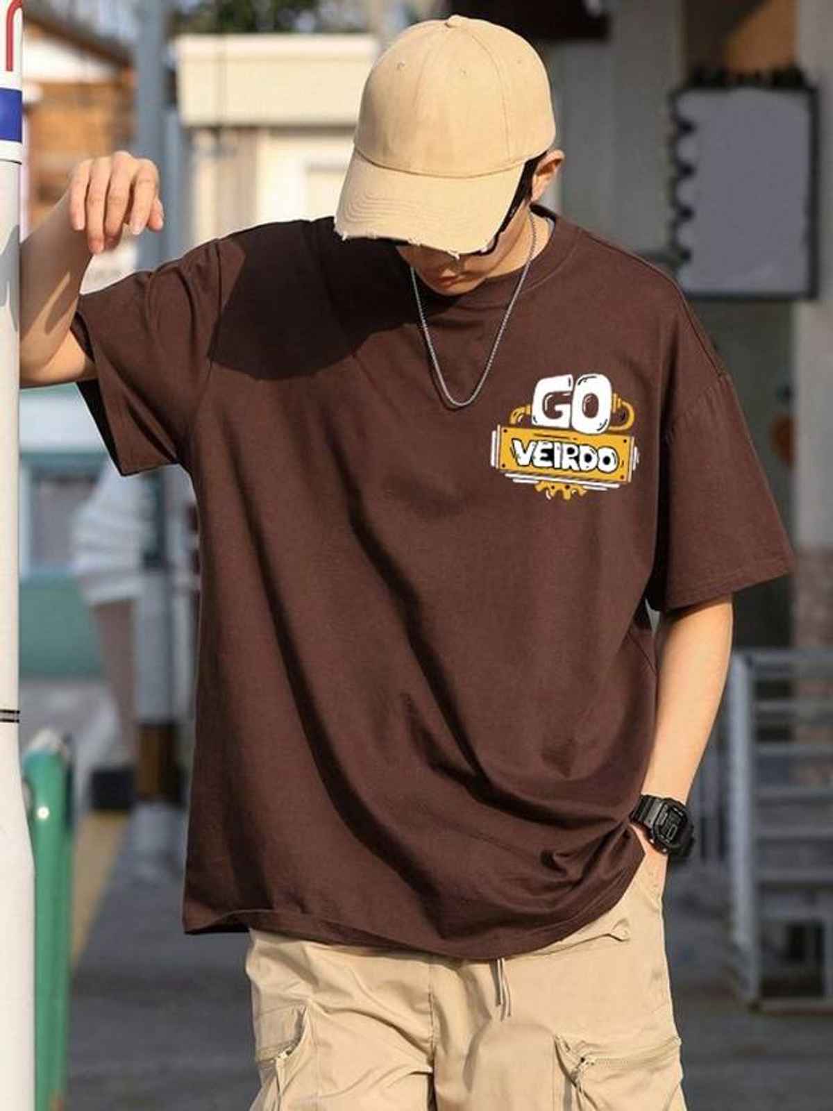 VEIRDO Men's Printed Oversized T-shirt | OS 100 GOVEIRDO B | Brown - XL