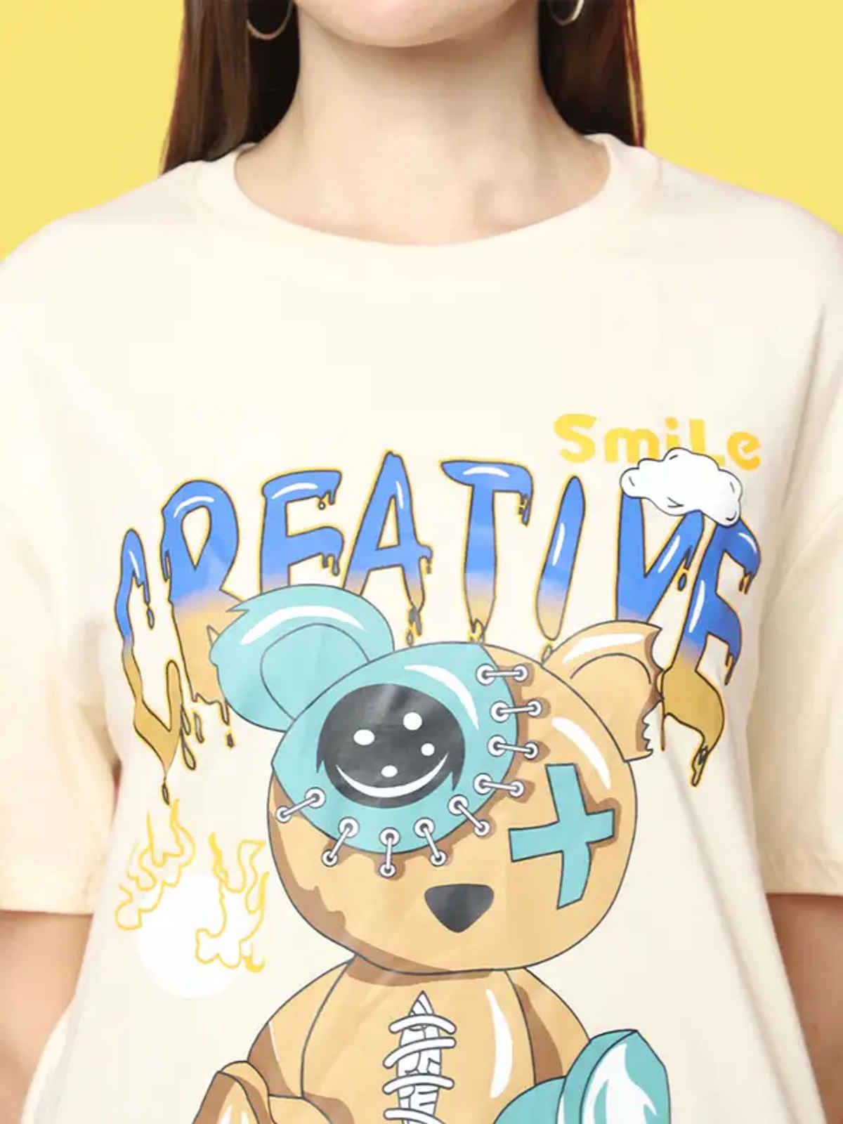 Fabflee Women Oversize Cotton Printed Round Neck Tshirt | Beige | FAB-OS-529 | M