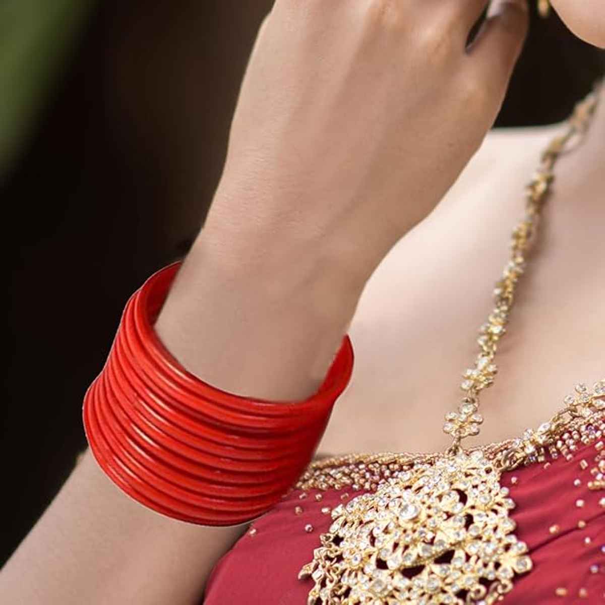 NVR Traditional Red Glass Bangle Chudi for Women & Girls Fashion Glossy | Size: 2.6