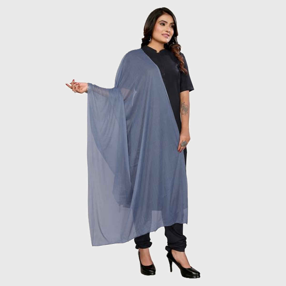 FABFLICK Lycra Made Plain Solid Women's Dupatta With Tassels | Grey