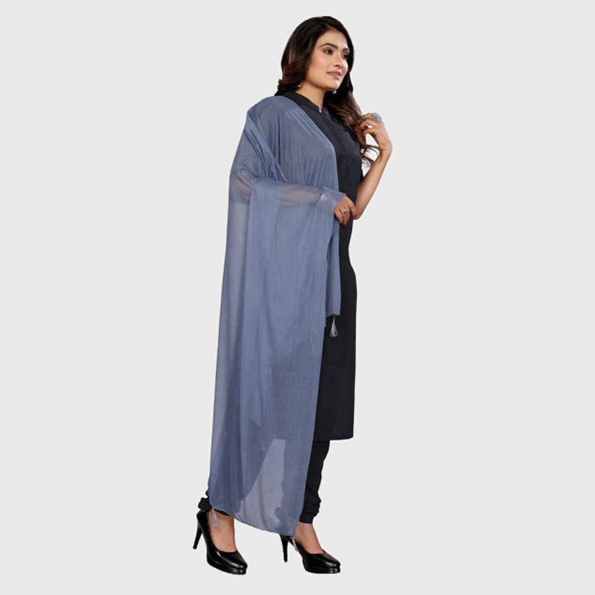 FABFLICK Lycra Made Plain Solid Women's Dupatta With Tassels | Grey