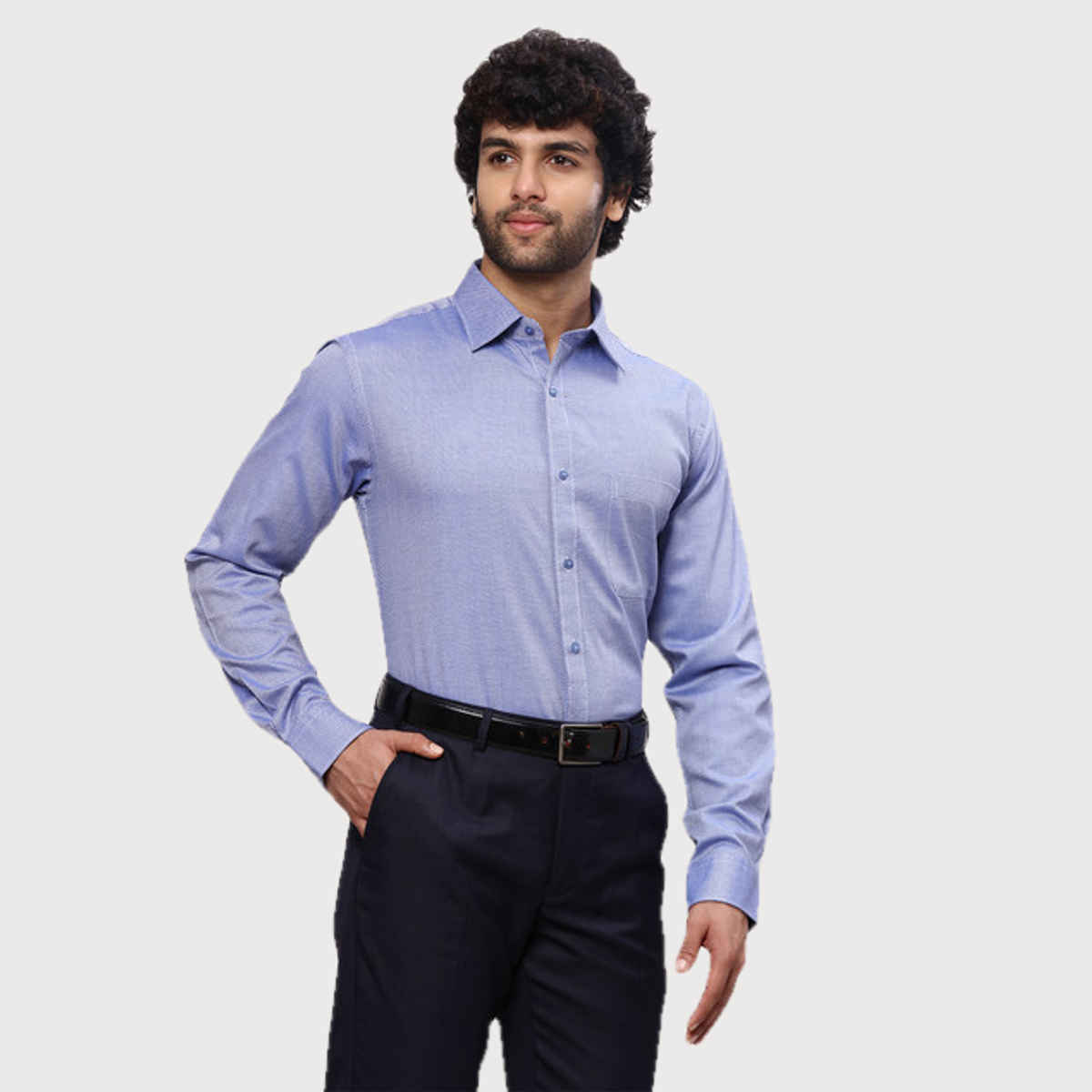 Raymond Men's Slim Fit Pure Cotton Semi Cut Away Collar Full Sleeve Formal Shirt | Blue - L