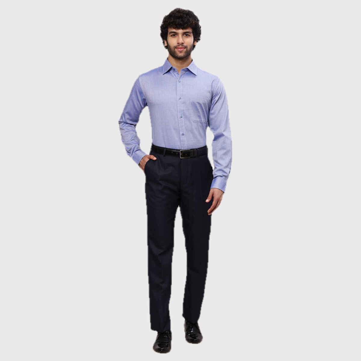 Raymond Men's Slim Fit Pure Cotton Semi Cut Away Collar Full Sleeve Formal Shirt | Blue - L