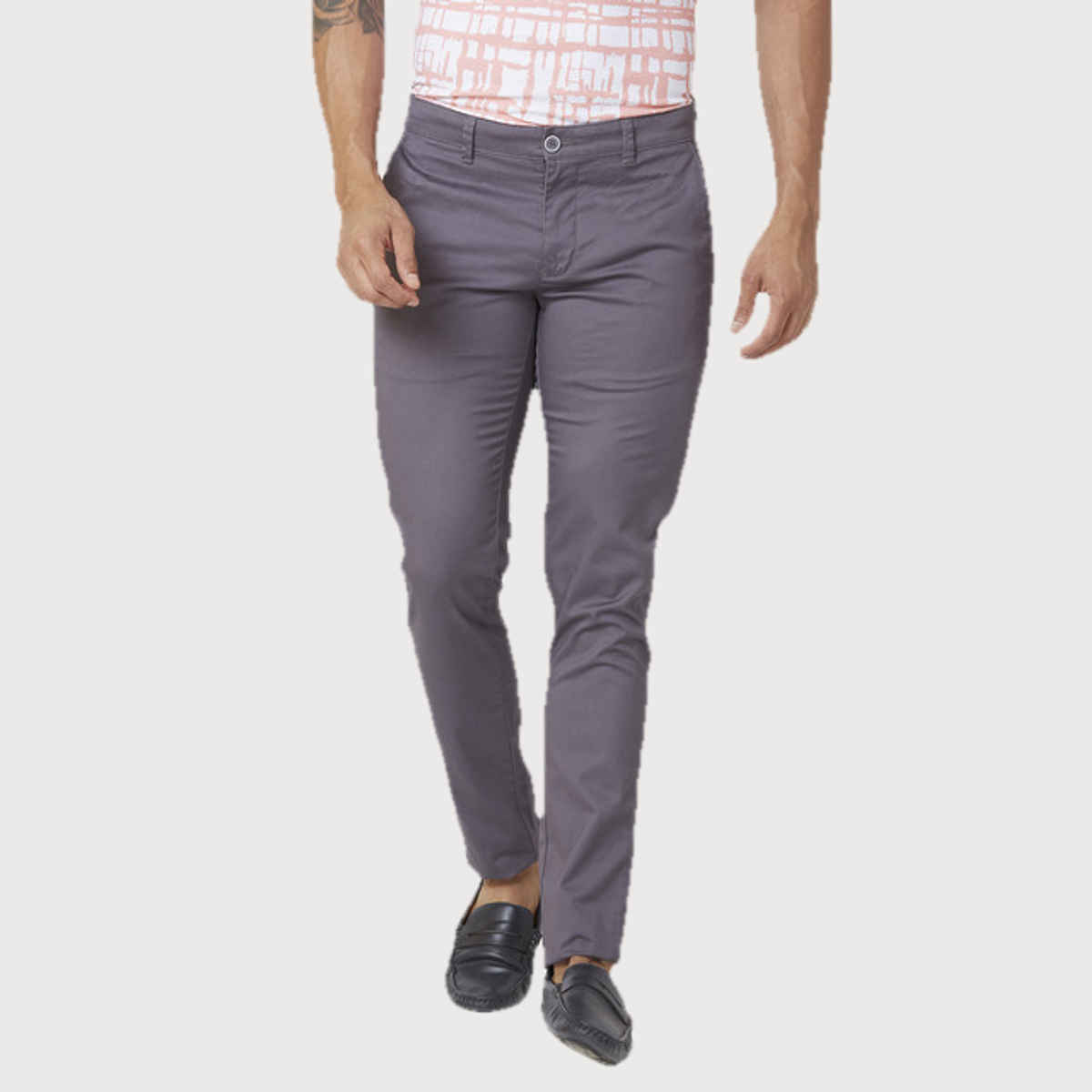 Parx Men's Low Rise Tapered Fit Cotton Blend Flat Front Casual Trouser | Dark Grey - 32