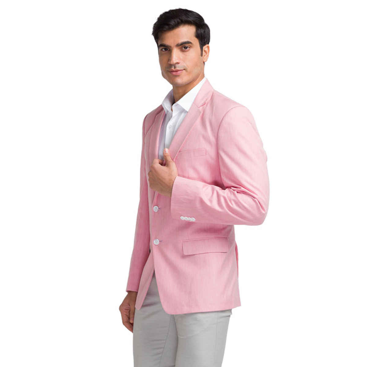 Park Avenue Men's Pink Super Slim Fit Poly Viscose Blend Solid Pattern Notch Lapel Formal Jacket M