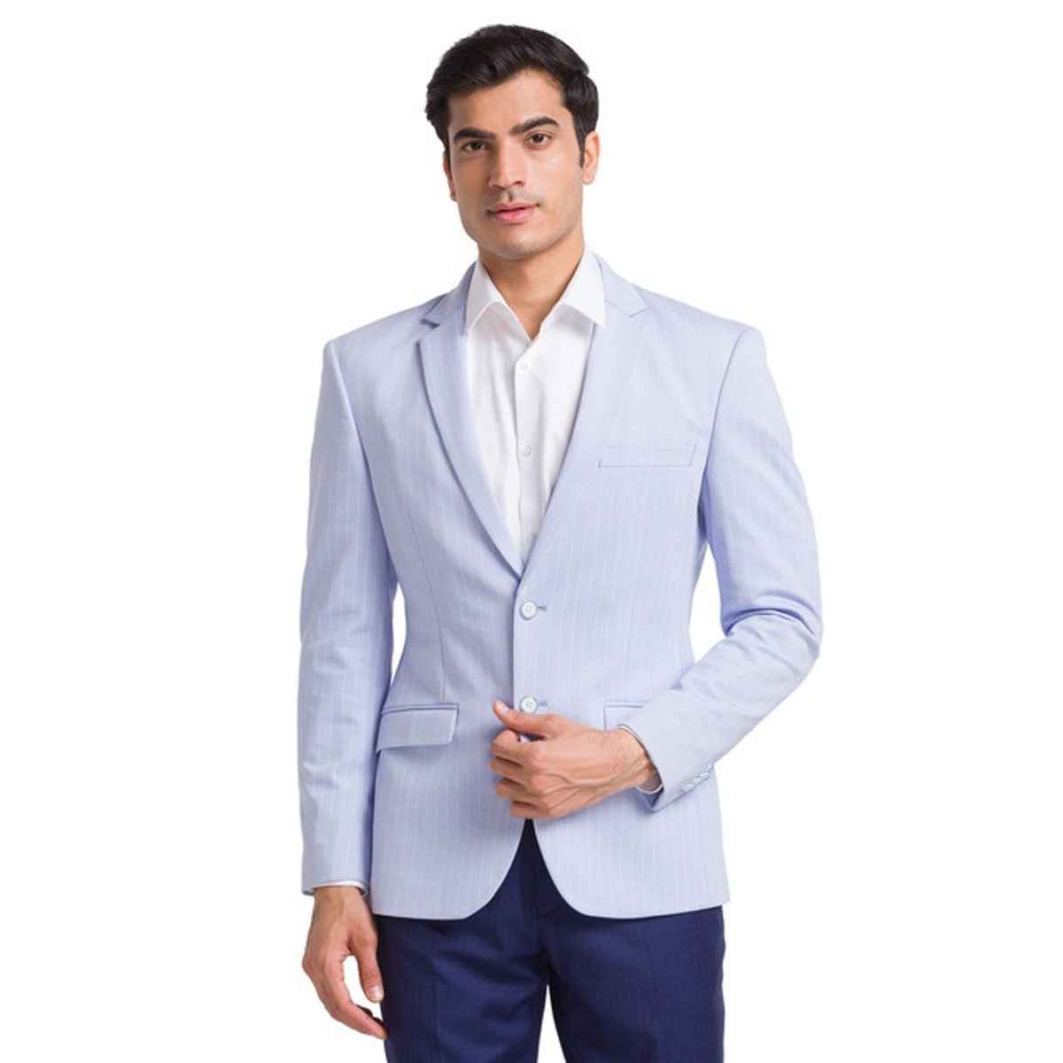 Park Avenue Men's Blue Active Fit Polyester Spandex Stripe Pattern Notch Lapel Formal Jacket S