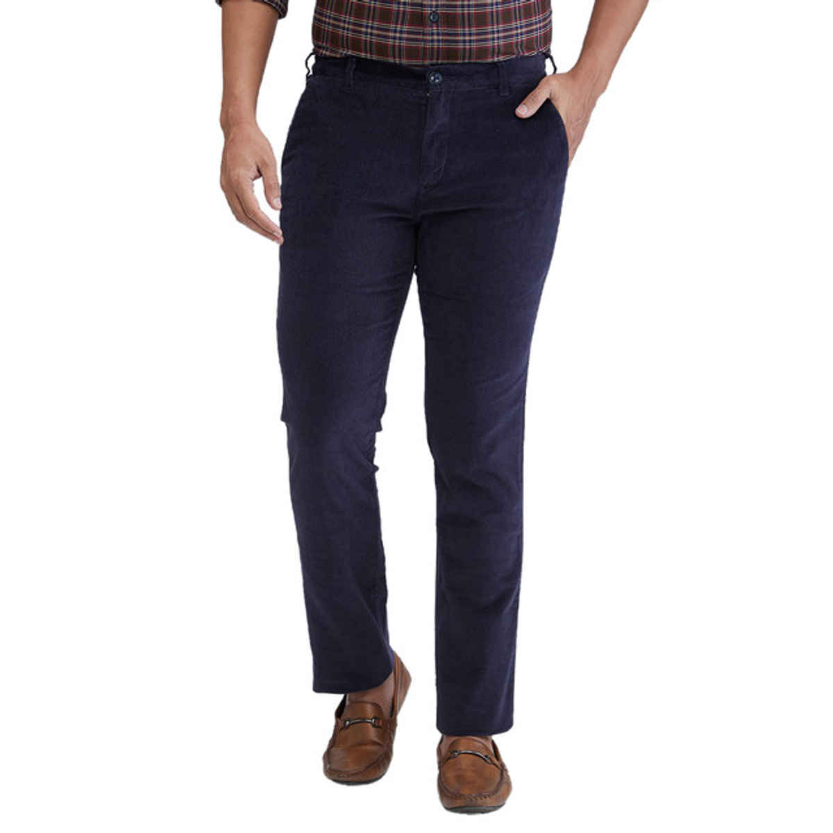 Color Plus Men's Slim Fit Cotton Blend Flat Front Casual Trouser | Dark Blue | 36