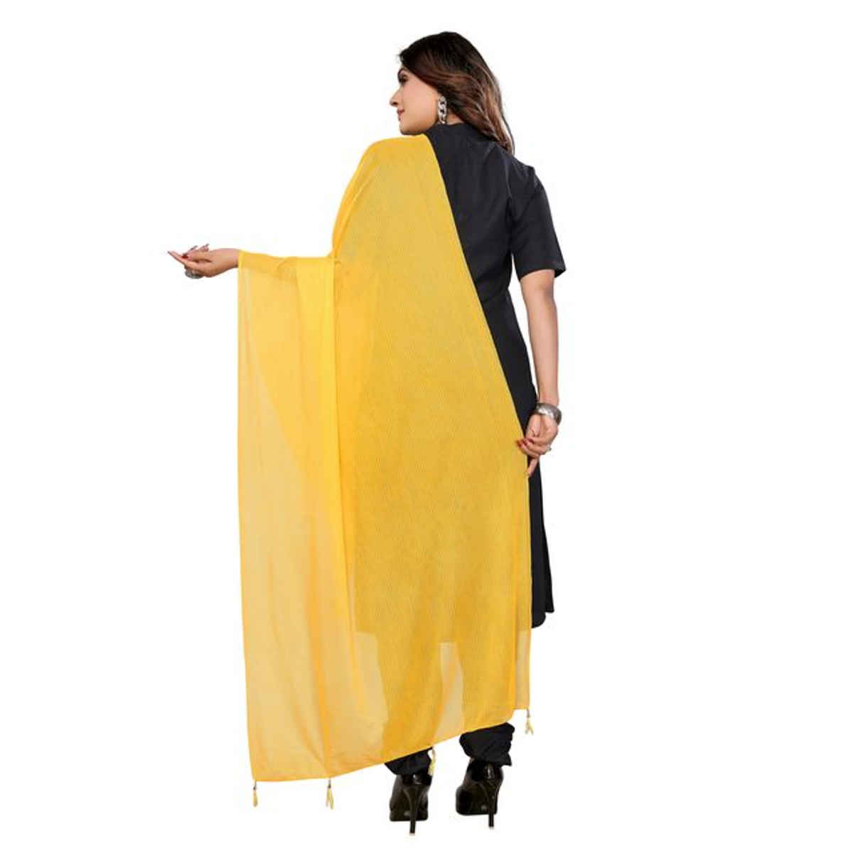 FABFLICK Lycra Made Plain Solid Women's Dupatta With Tassels | Yellow