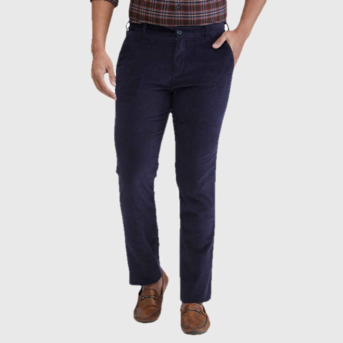 Color Plus Men's Slim Fit Cotton Blend Flat Front Casual Trouser | Dark Blue | 34