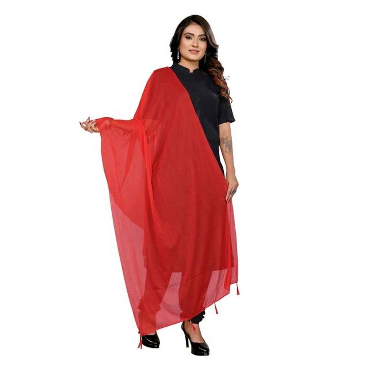 FABFLICK Lycra Made Plain Solid Women's Dupatta With Tassels | Red
