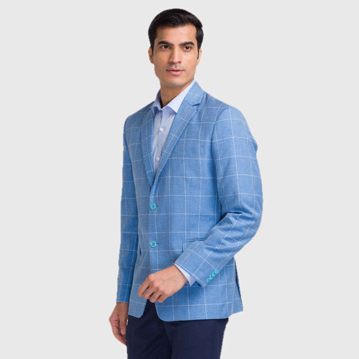 Park Avenue Men's Blue Super Slim Fit Poly Viscose Blend Checks Pattern Notch Lapel Formal Jacket M