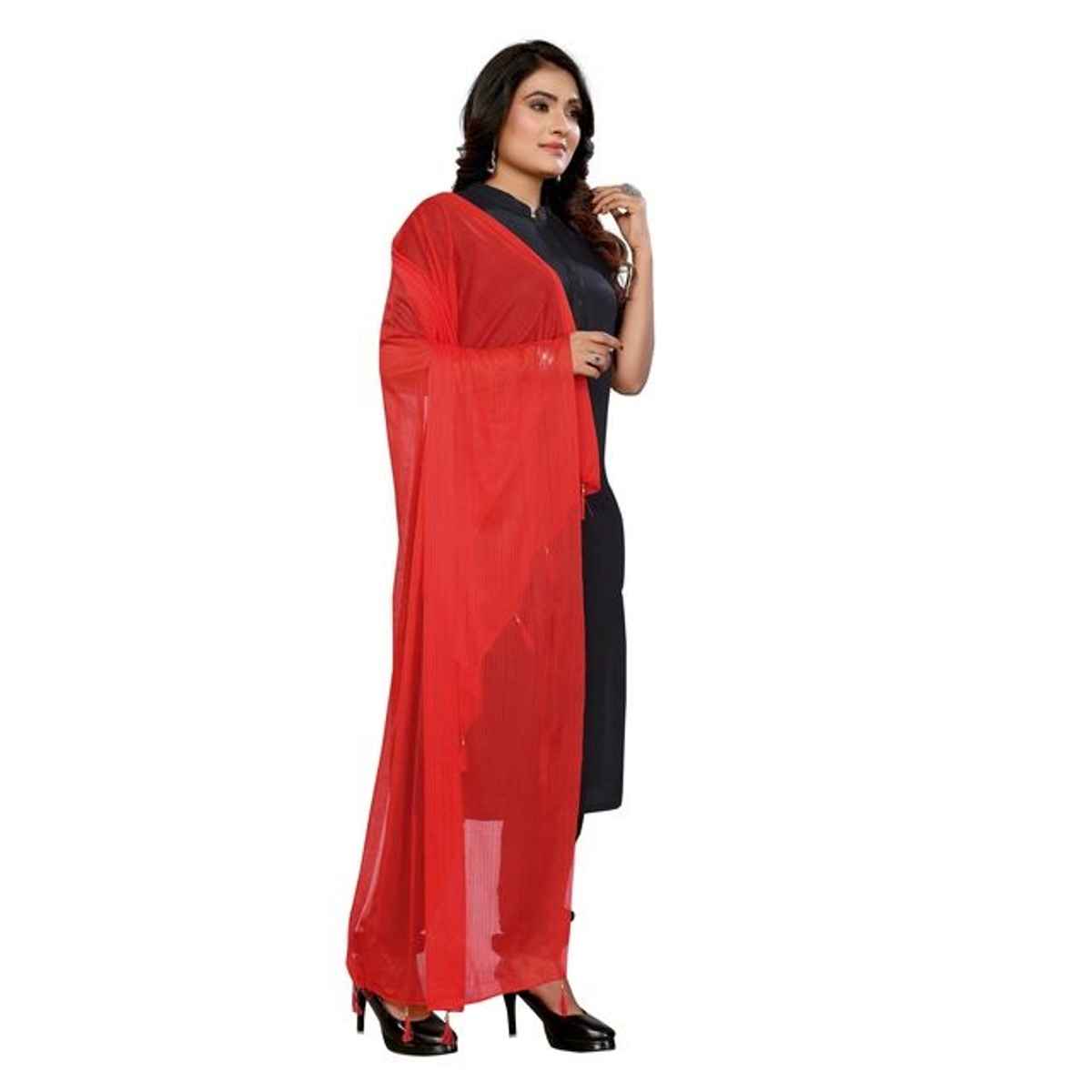 FABFLICK Lycra Made Plain Solid Women's Dupatta With Tassels | Red