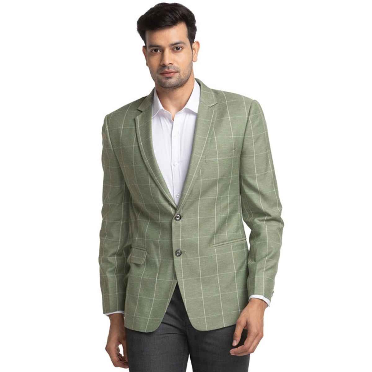 Park Avenue Men's Grey Super Slim Fit Poly Viscose Blend Checks Pattern Notch Lapel Formal Jacket L