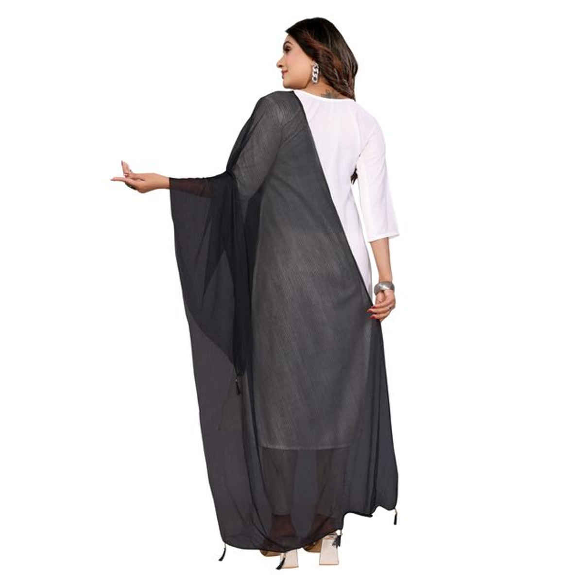FABFLICK Lycra Made Plain Solid Women's Dupatta With Tassels | Black