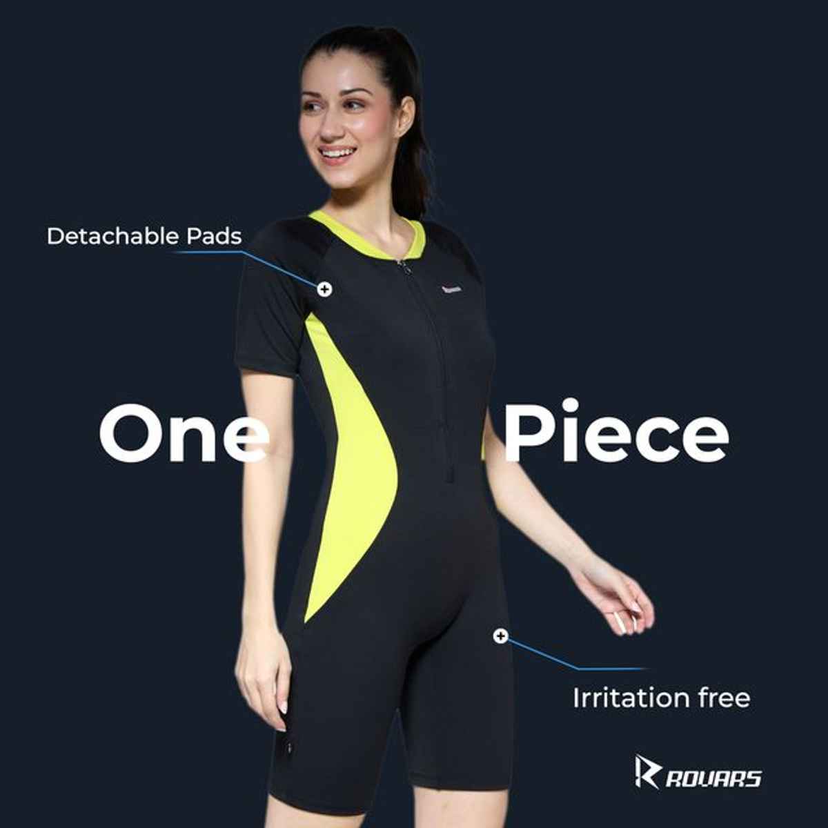 ROVARS Women's Knee Suit with Removable Chest Pads| Front Zipper | Black Lemon - S