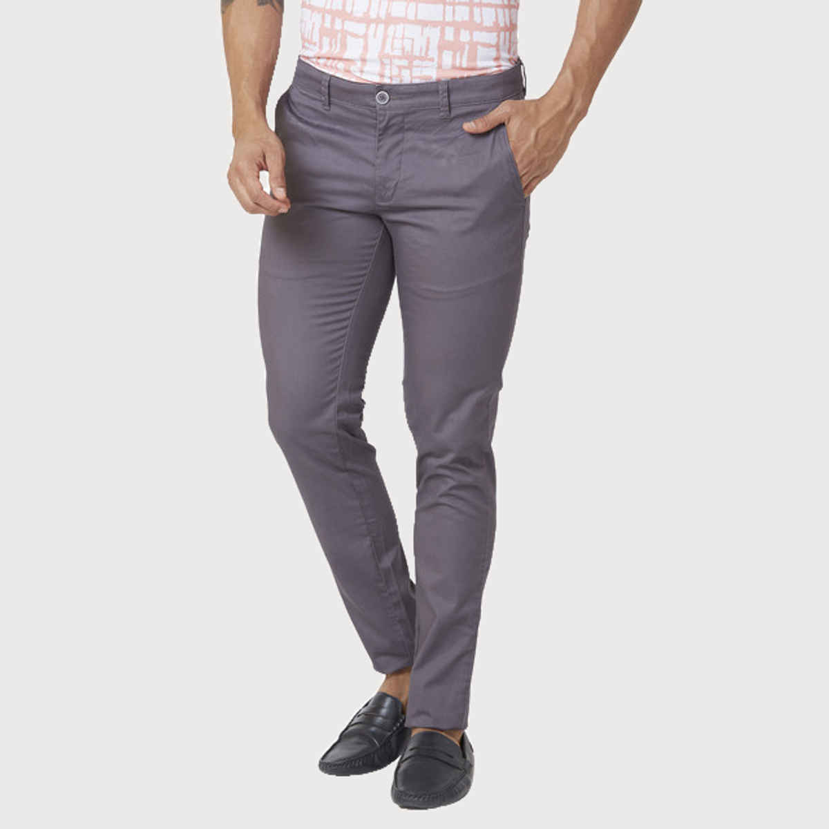 Parx Men's Low Rise Tapered Fit Cotton Blend Flat Front Casual Trouser | Dark Grey - 32