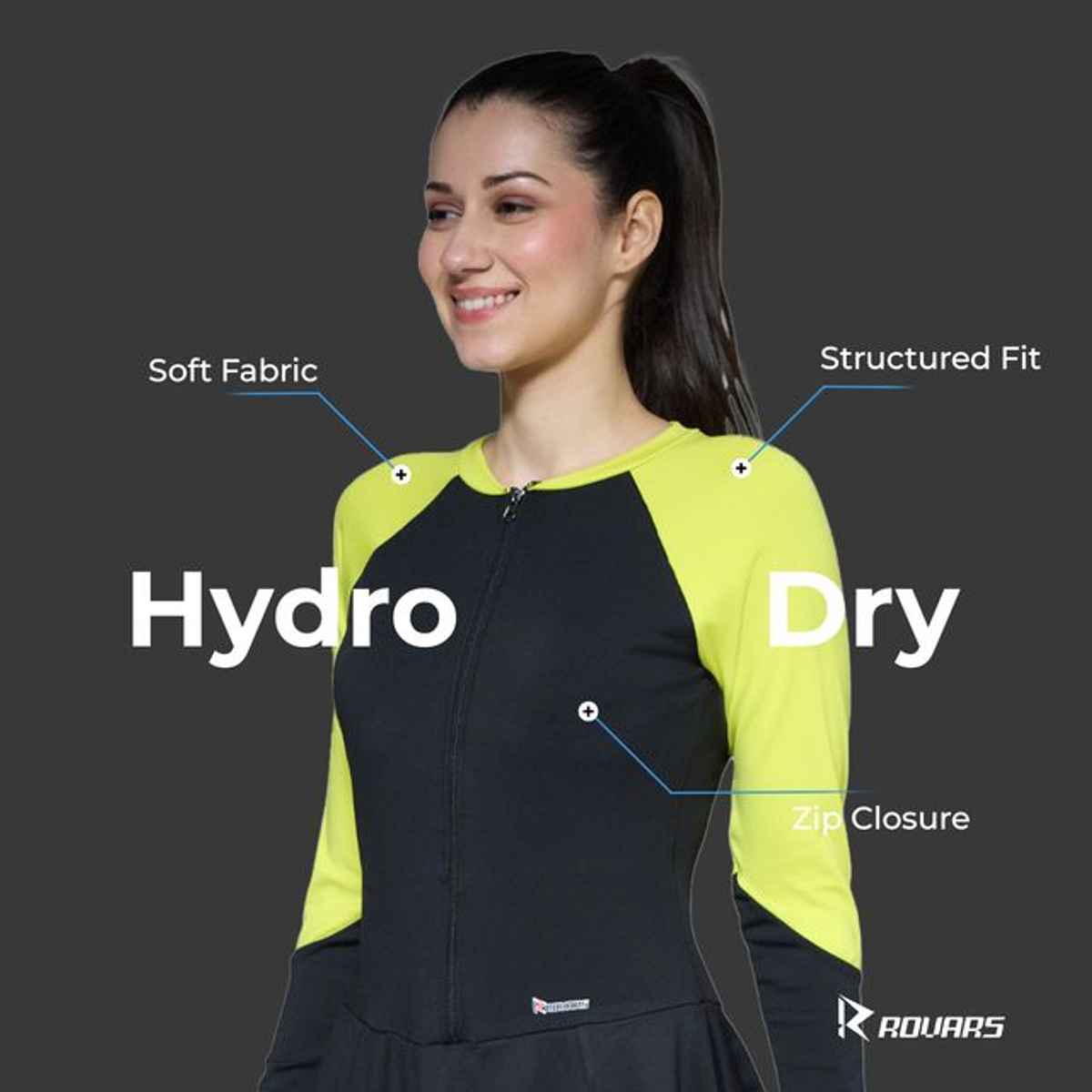 ROVARS Women's Swimming Costume with Removable Chest Pads| Front Zipper | Black & Lemon | M