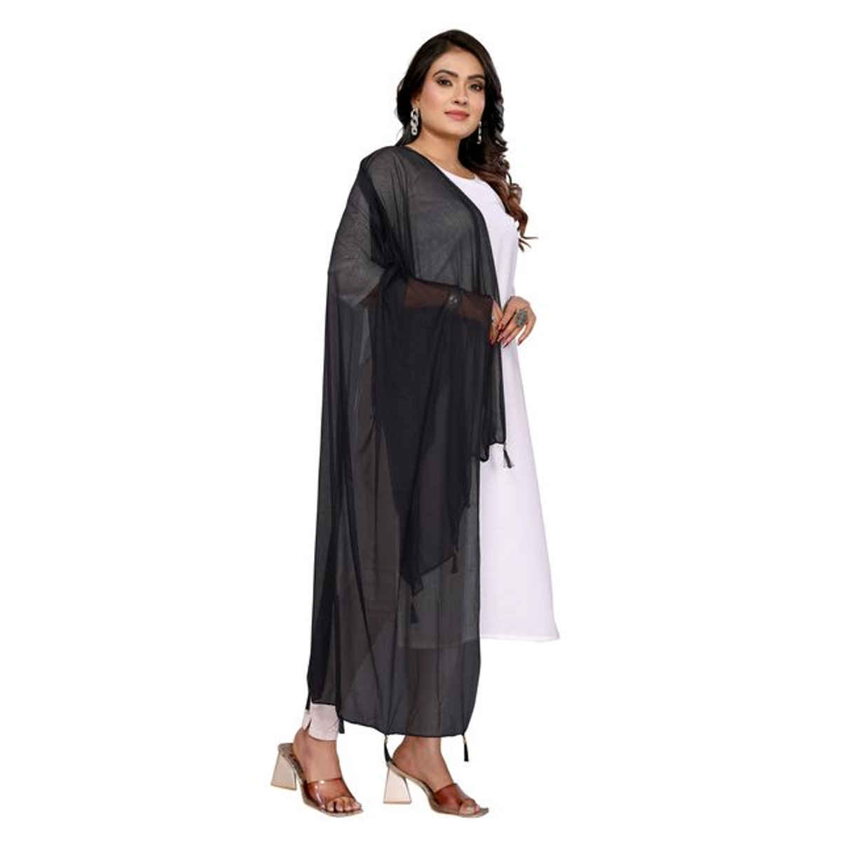 FABFLICK Lycra Made Plain Solid Women's Dupatta With Tassels | Black