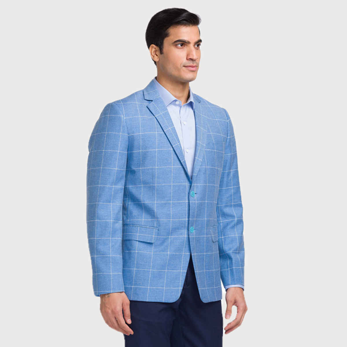 Park Avenue Men's Blue Super Slim Fit Poly Viscose Blend Checks Pattern Notch Lapel Formal Jacket M