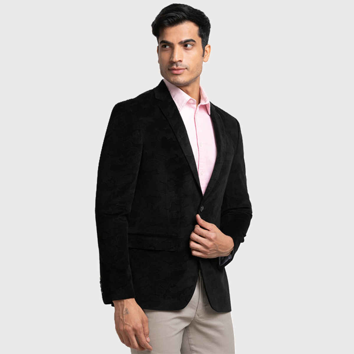 Parx Men's Urban Fit Pure Terylene Print Pattern Notch Lapel Casual Jacket | Black - M