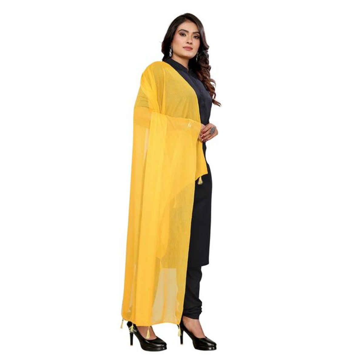 FABFLICK Lycra Made Plain Solid Women's Dupatta With Tassels | Yellow