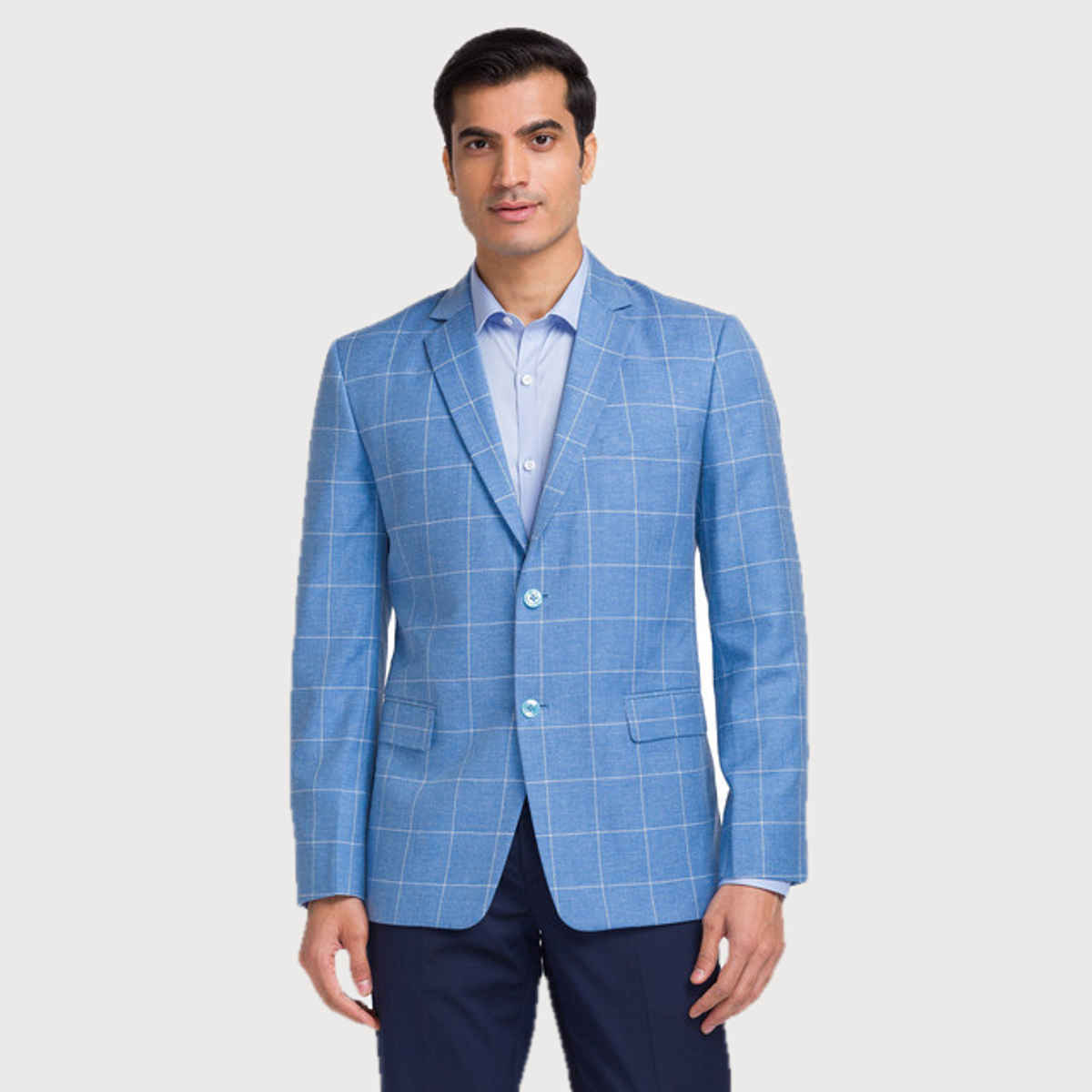 Park Avenue Men's Blue Super Slim Fit Poly Viscose Blend Checks Pattern Notch Lapel Formal Jacket M