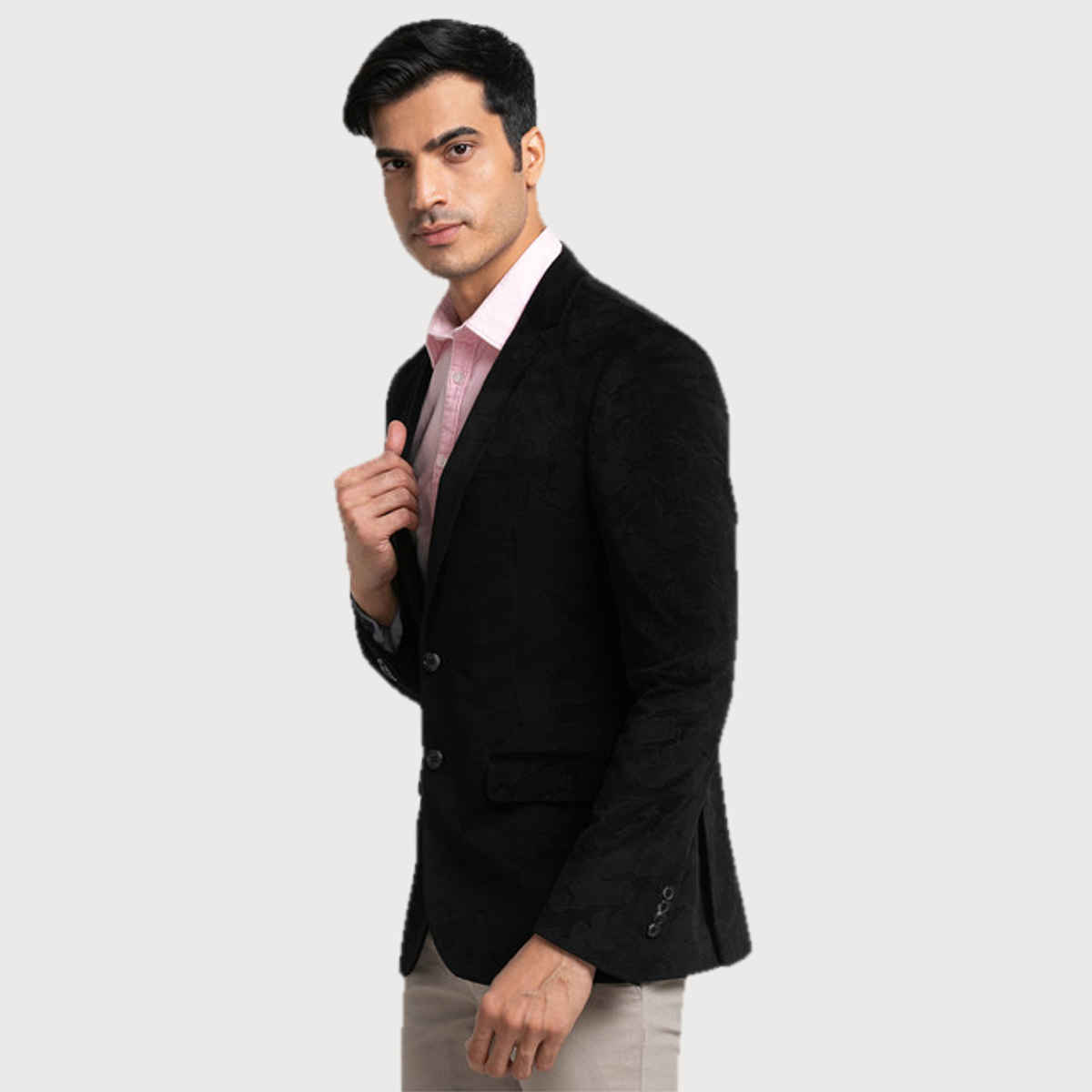 Parx Men's Urban Fit Pure Terylene Print Pattern Notch Lapel Casual Jacket | Black - M