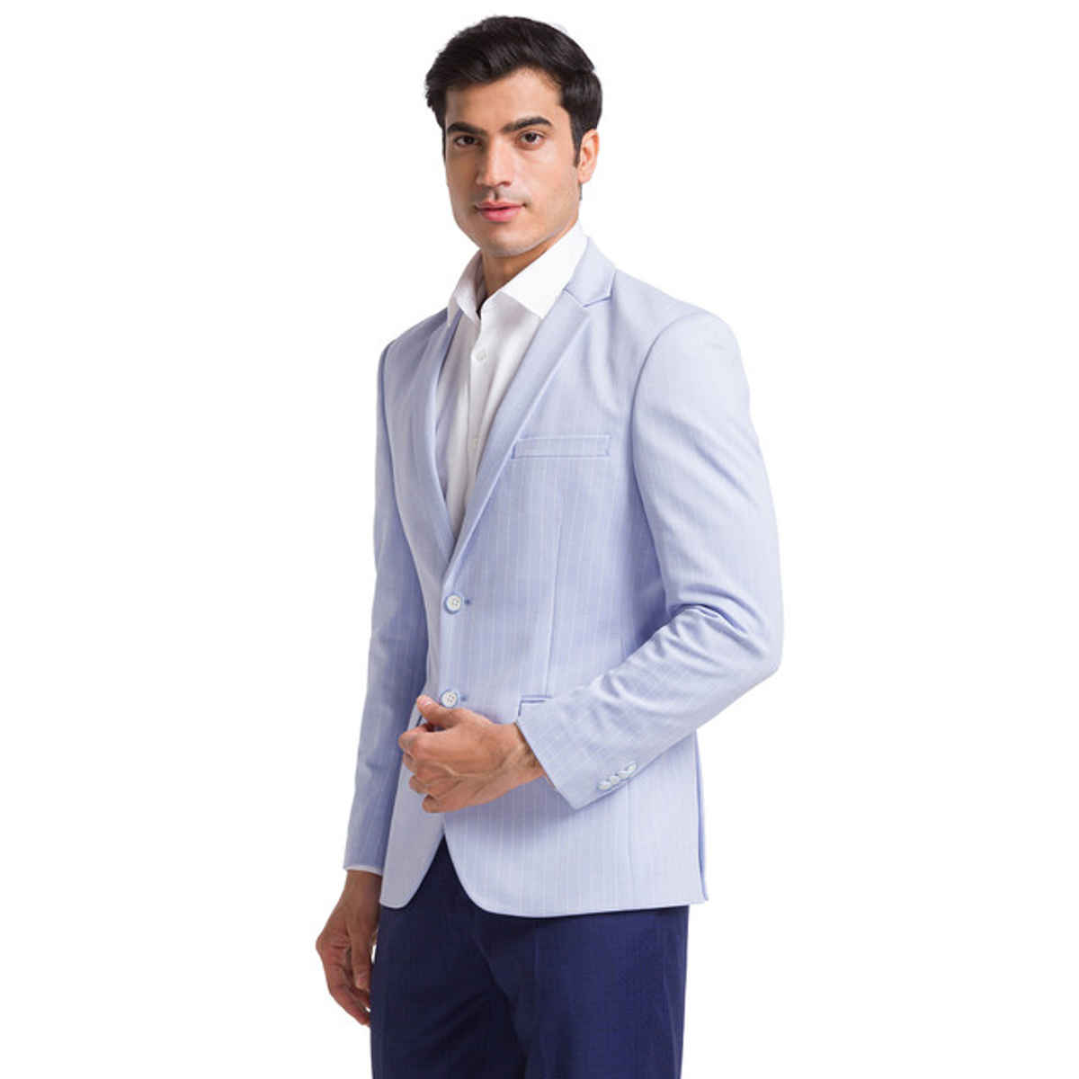 Park Avenue Men's Blue Active Fit Polyester Spandex Stripe Pattern Notch Lapel Formal Jacket L