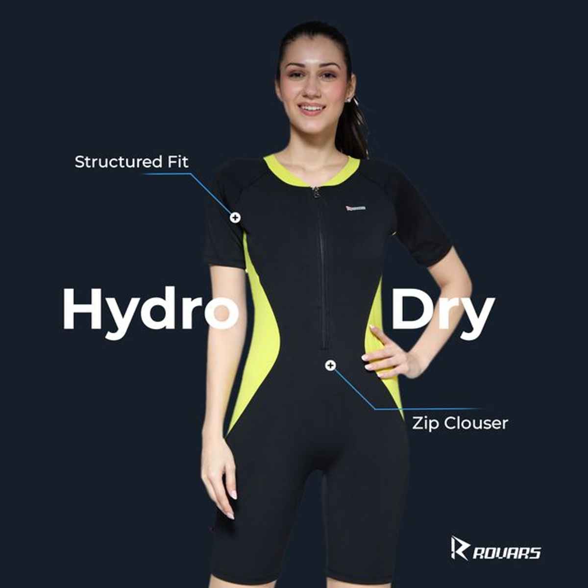 ROVARS Women's Knee Suit with Removable Chest Pads| Front Zipper | Black Lemon - S