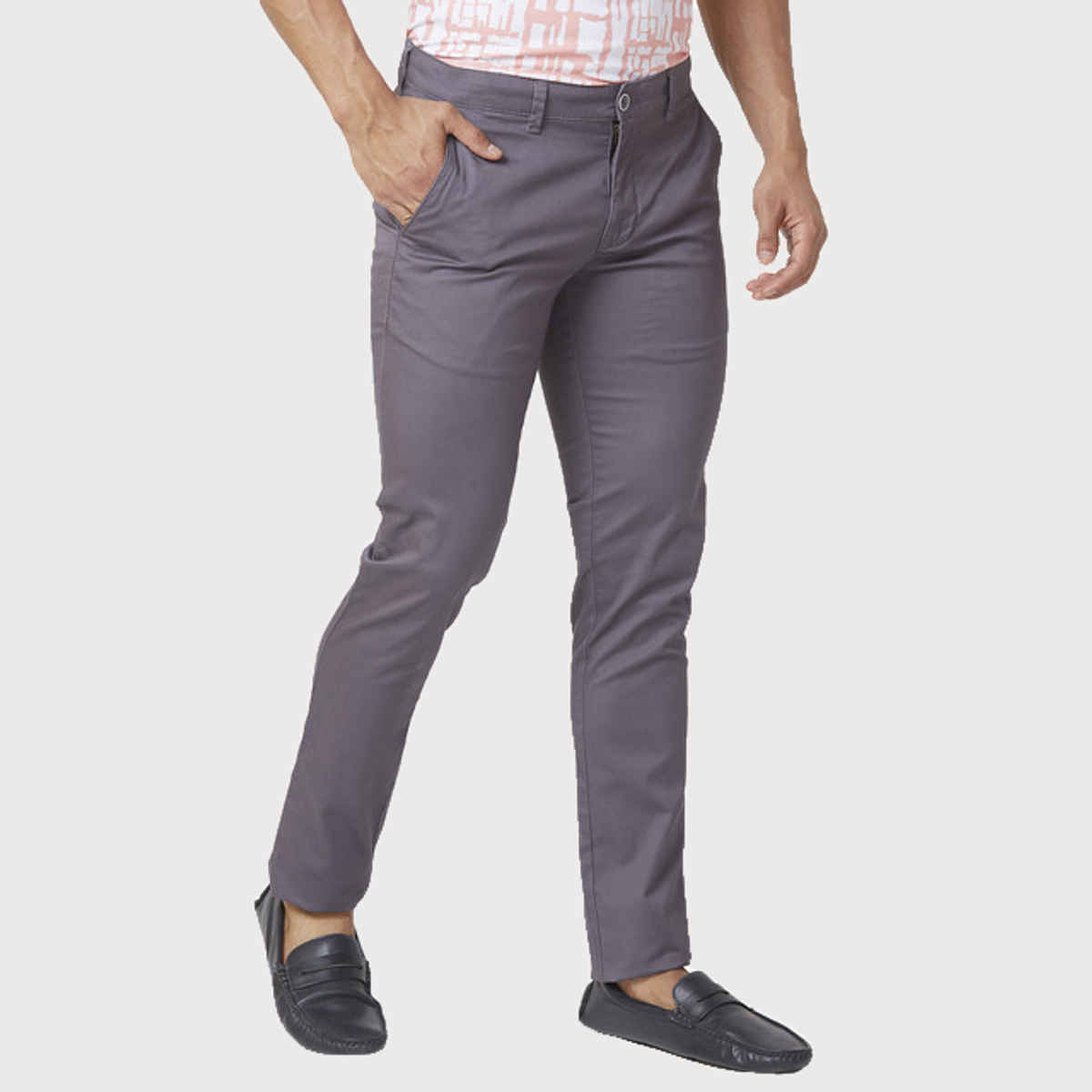 Parx Men's Low Rise Tapered Fit Cotton Blend Flat Front Casual Trouser | Dark Grey - 32
