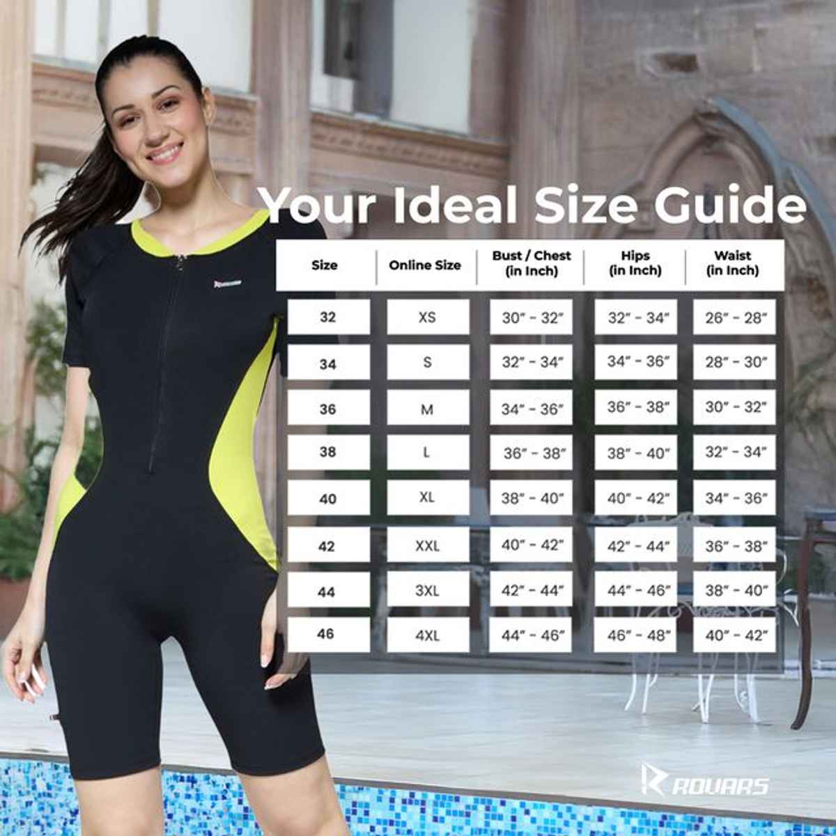 ROVARS Women's Knee Suit with Removable Chest Pads| Front Zipper | Black Lemon - L