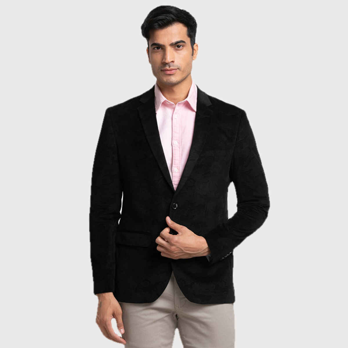 Parx Men's Urban Fit Pure Terylene Print Pattern Notch Lapel Casual Jacket | Black - M