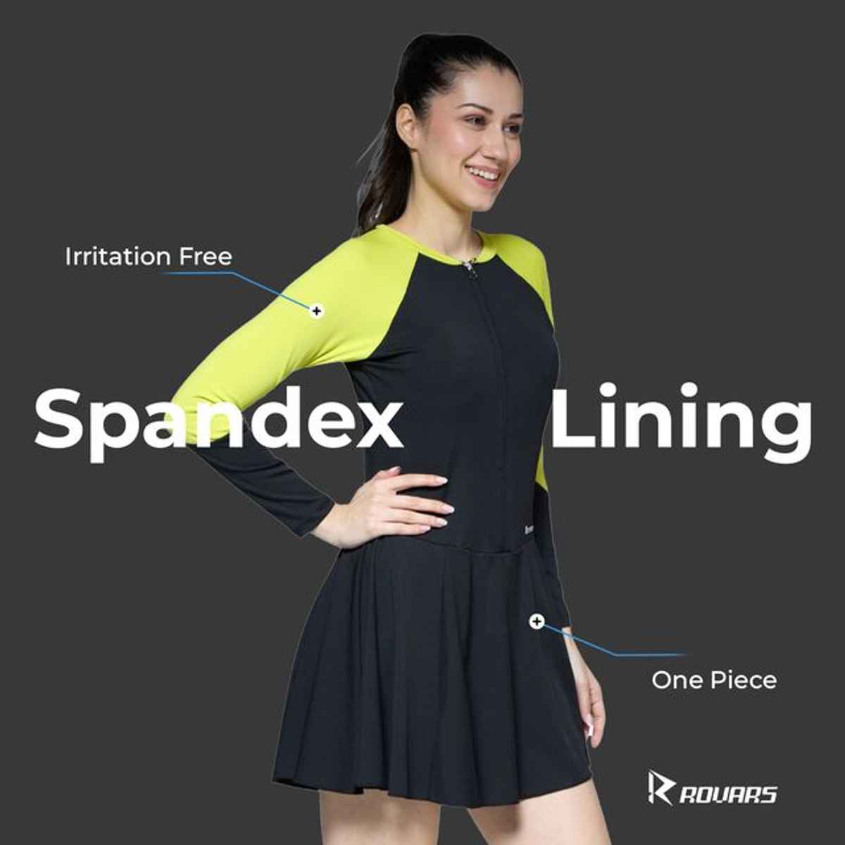 ROVARS Women's Swimming Costume with Removable Chest Pads| Front Zipper | Black & Lemon | XL