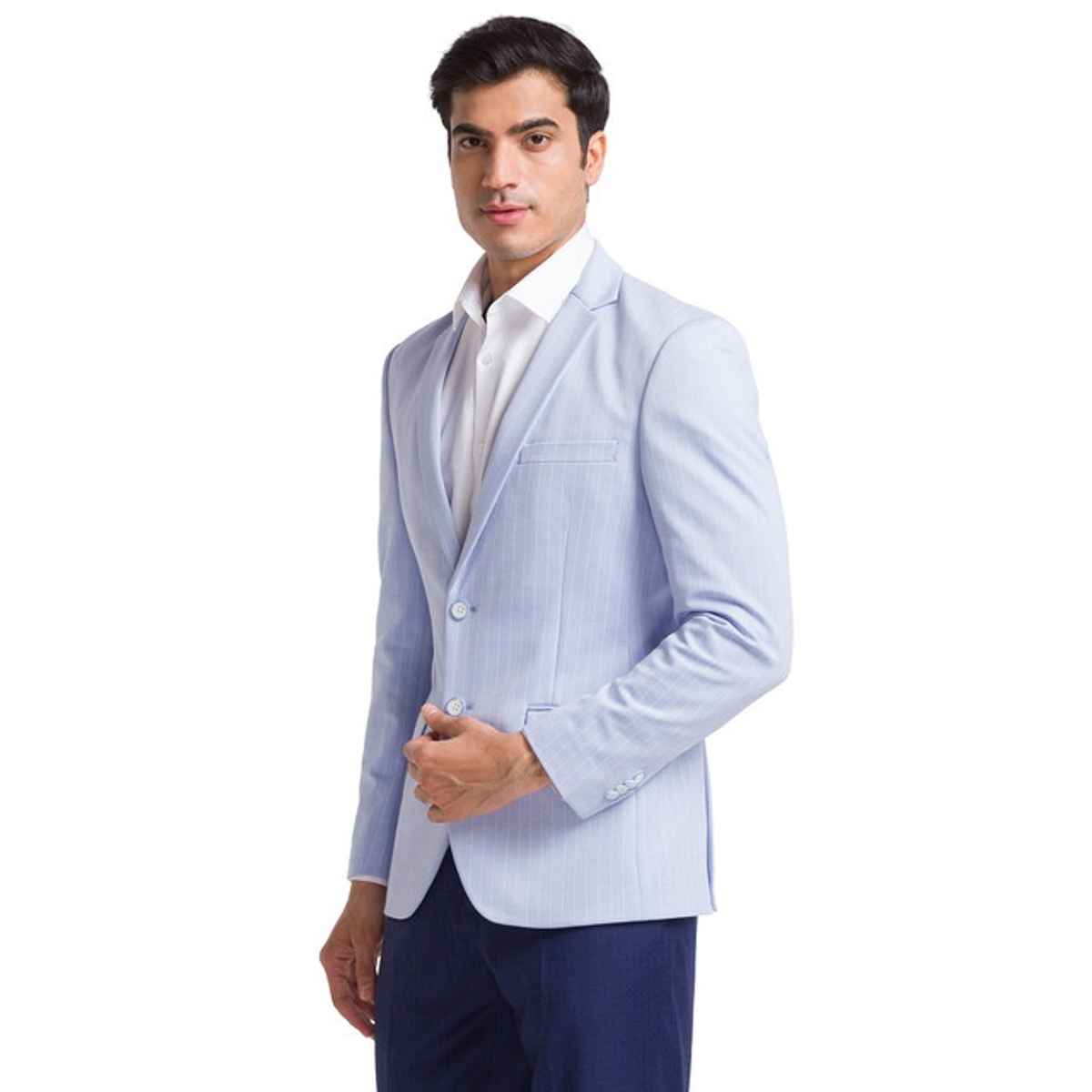Park Avenue Men's Blue Active Fit Polyester Spandex Stripe Pattern Notch Lapel Formal Jacket S