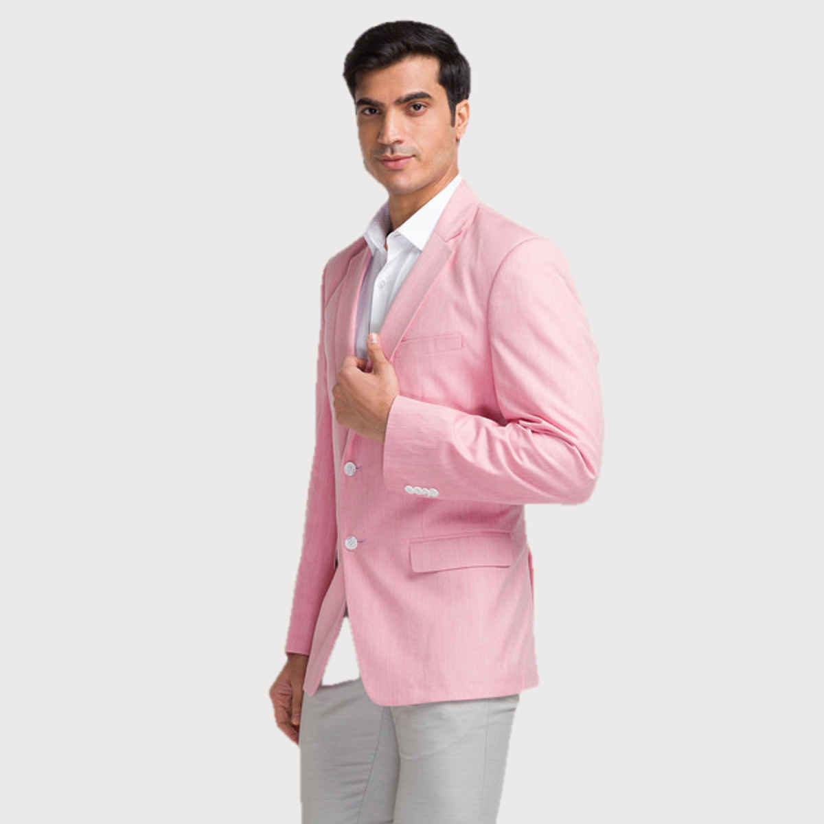 Park Avenue Men's Pink Super Slim Fit Poly Viscose Blend Solid Pattern Notch Lapel Formal Jacket L