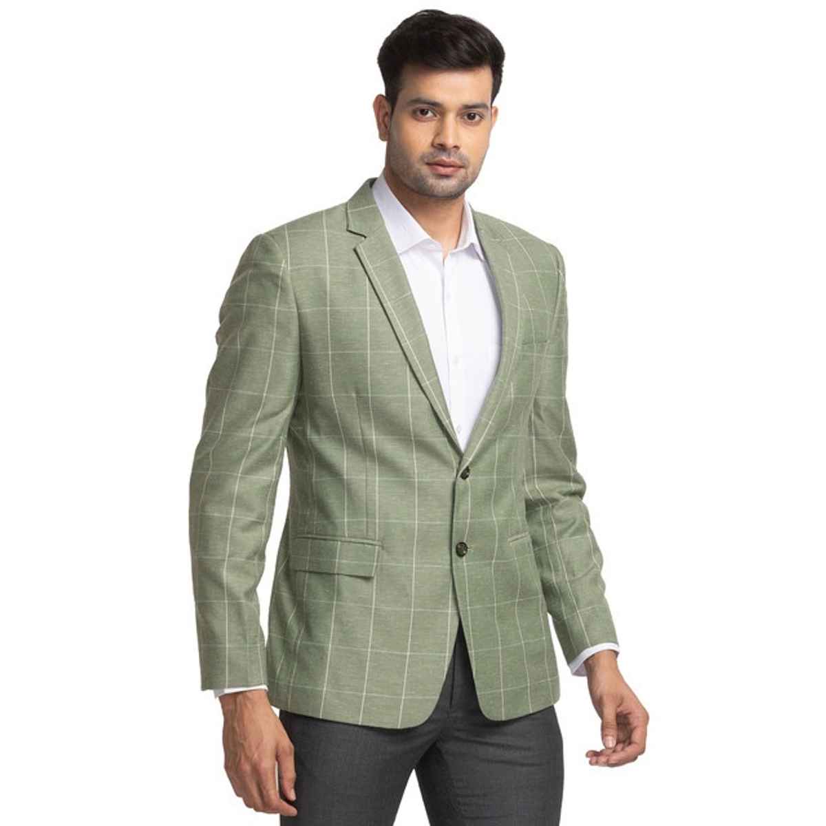 Park Avenue Men's Grey Super Slim Fit Poly Viscose Blend Checks Pattern Notch Lapel Formal Jacket L