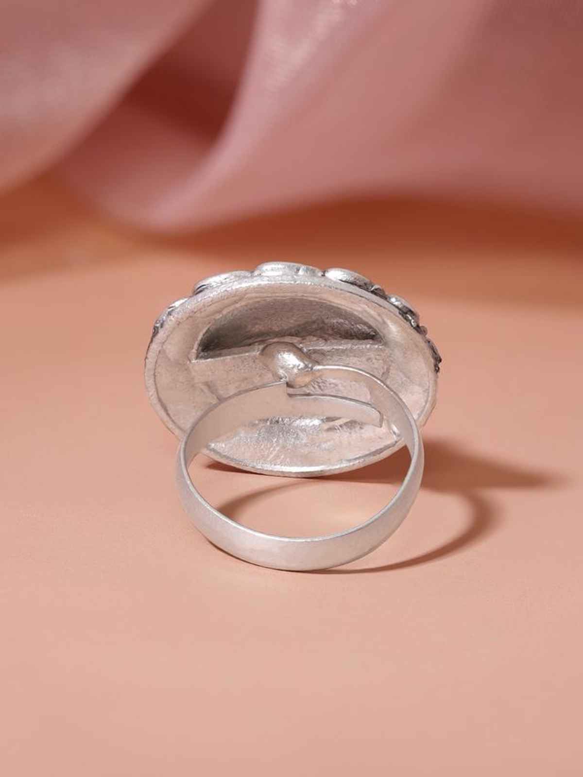 Rubans Silver-Plated Oxidised Stone-Studded Adjustable Finger Ring