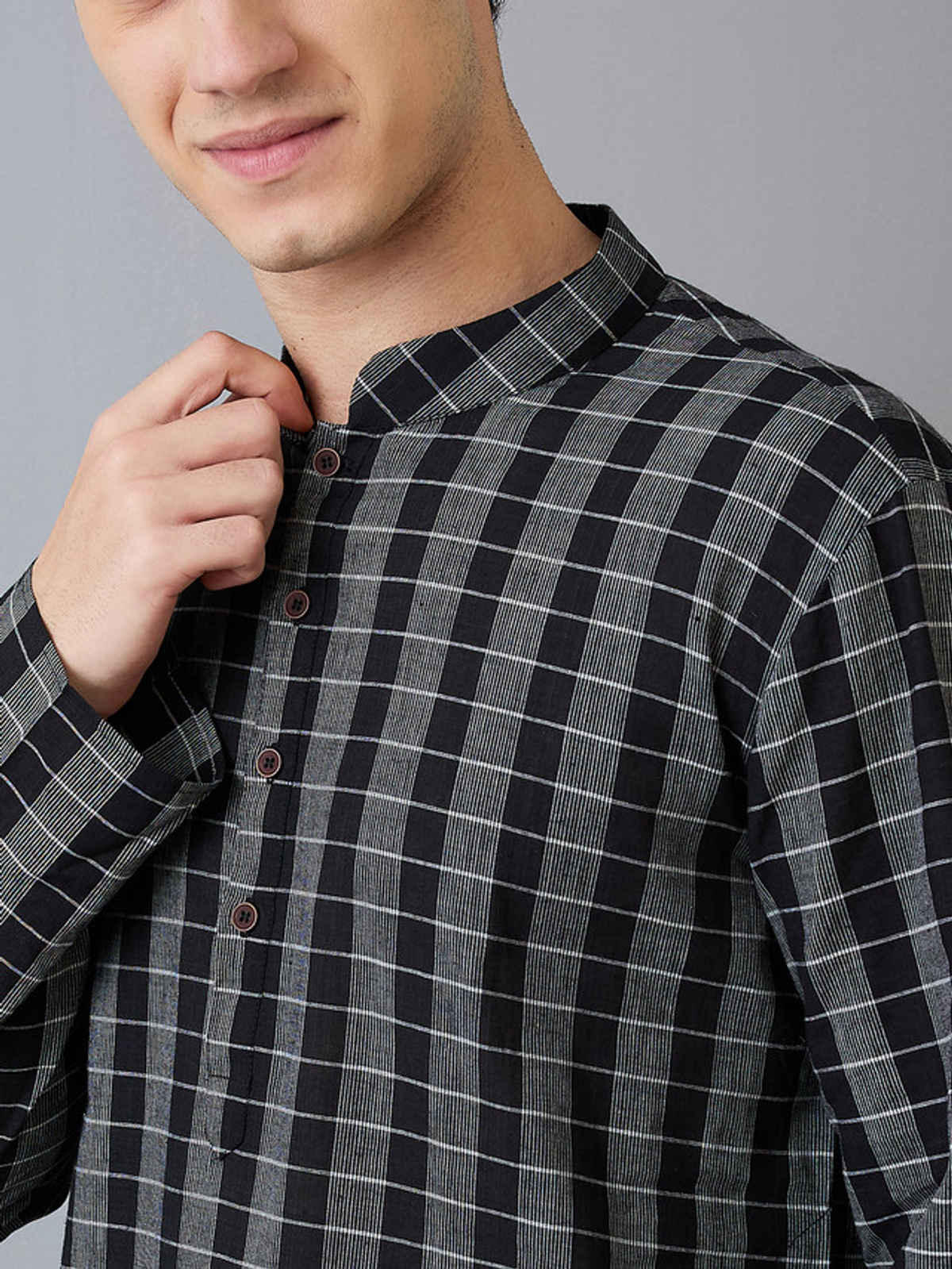 Ethnix by Raymond Men's Fit Pure Cotton Full Sleeve Stand Collar Kurta | Black - M
