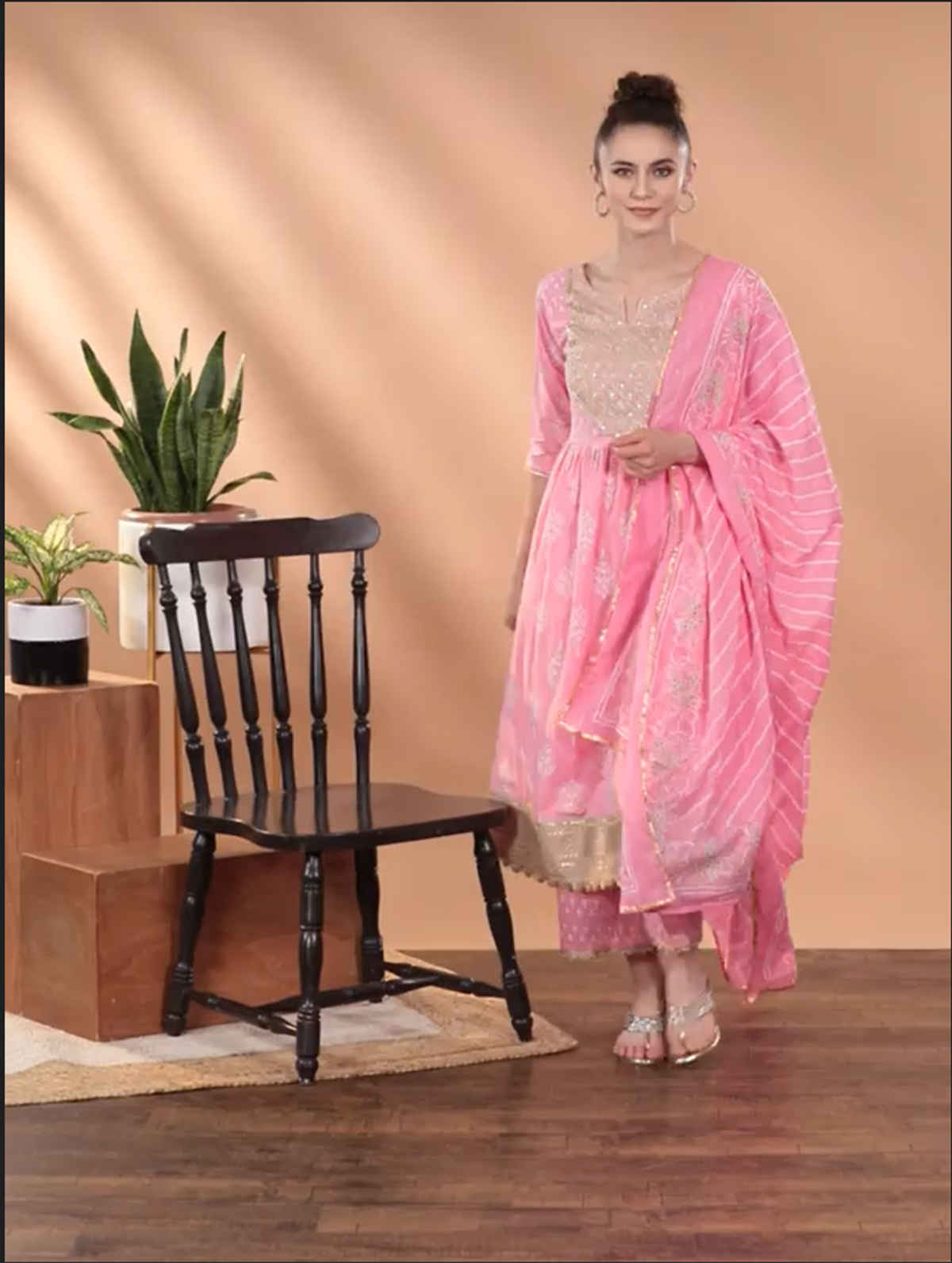 Libas Women Pink Zari Work Yoke & Tassels Detail A-Line Kurta With Palazzos & Dupatta - 34251S