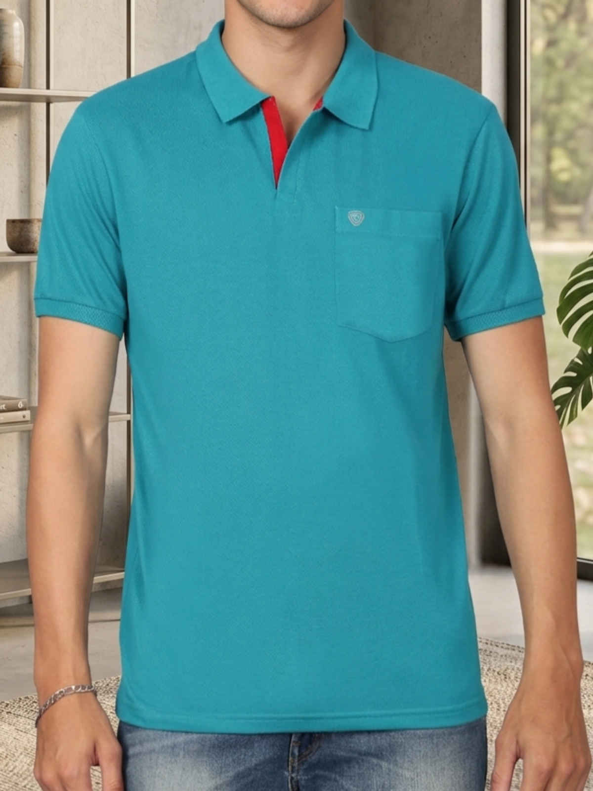 Lux Cozi Men's Solid Cotton Polo T-shirt with Pocket | Sea Green - XXL
