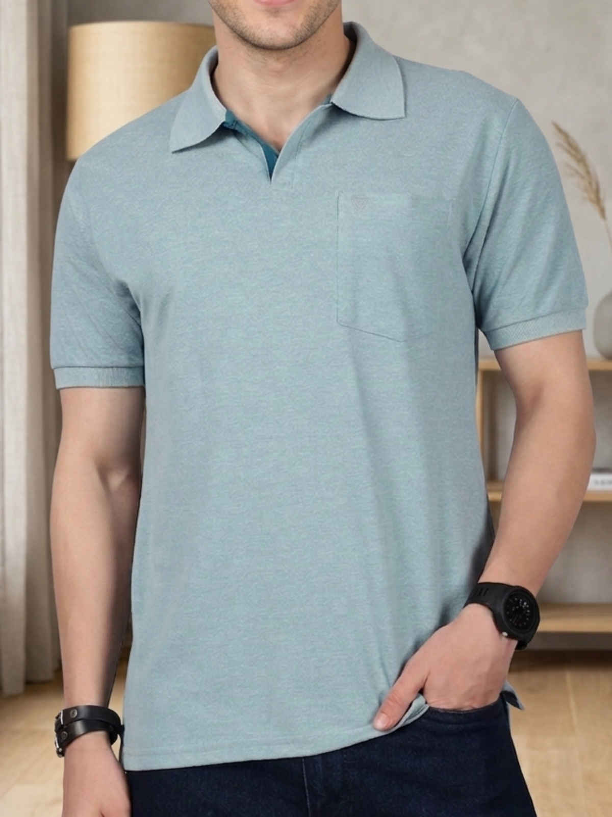 Lux Cozi Men's Solid Cotton Polo T-shirt with Pocket | Pal Green - S