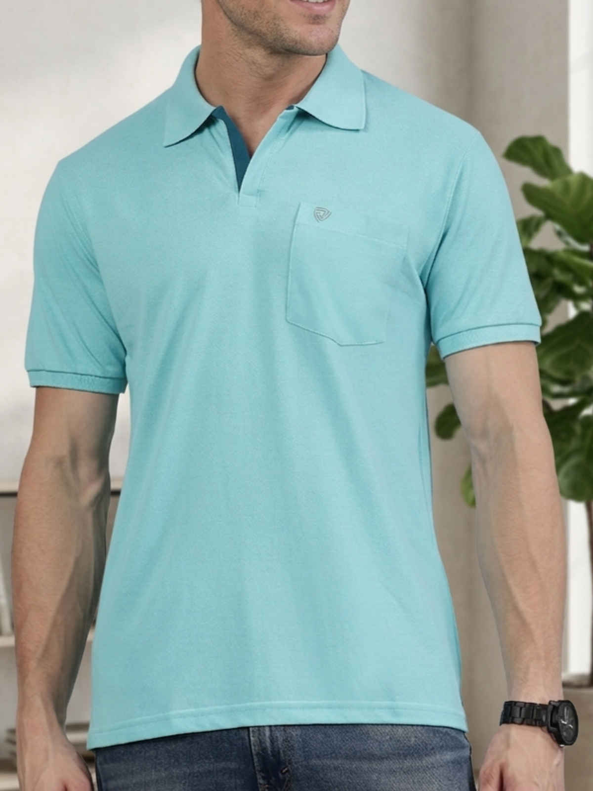 Lux Cozi Men's Solid Cotton Polo T-shirt with Pocket | Pool Blue - L