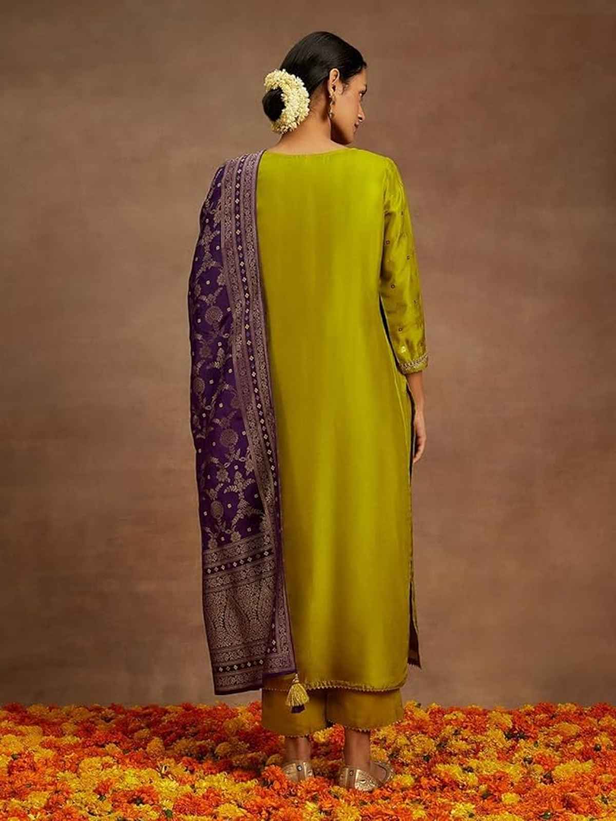 Libas Women Green Pure Silk Straight Kurta & Pure Silk Solid Trousers & Purple Dupatta - 48091S