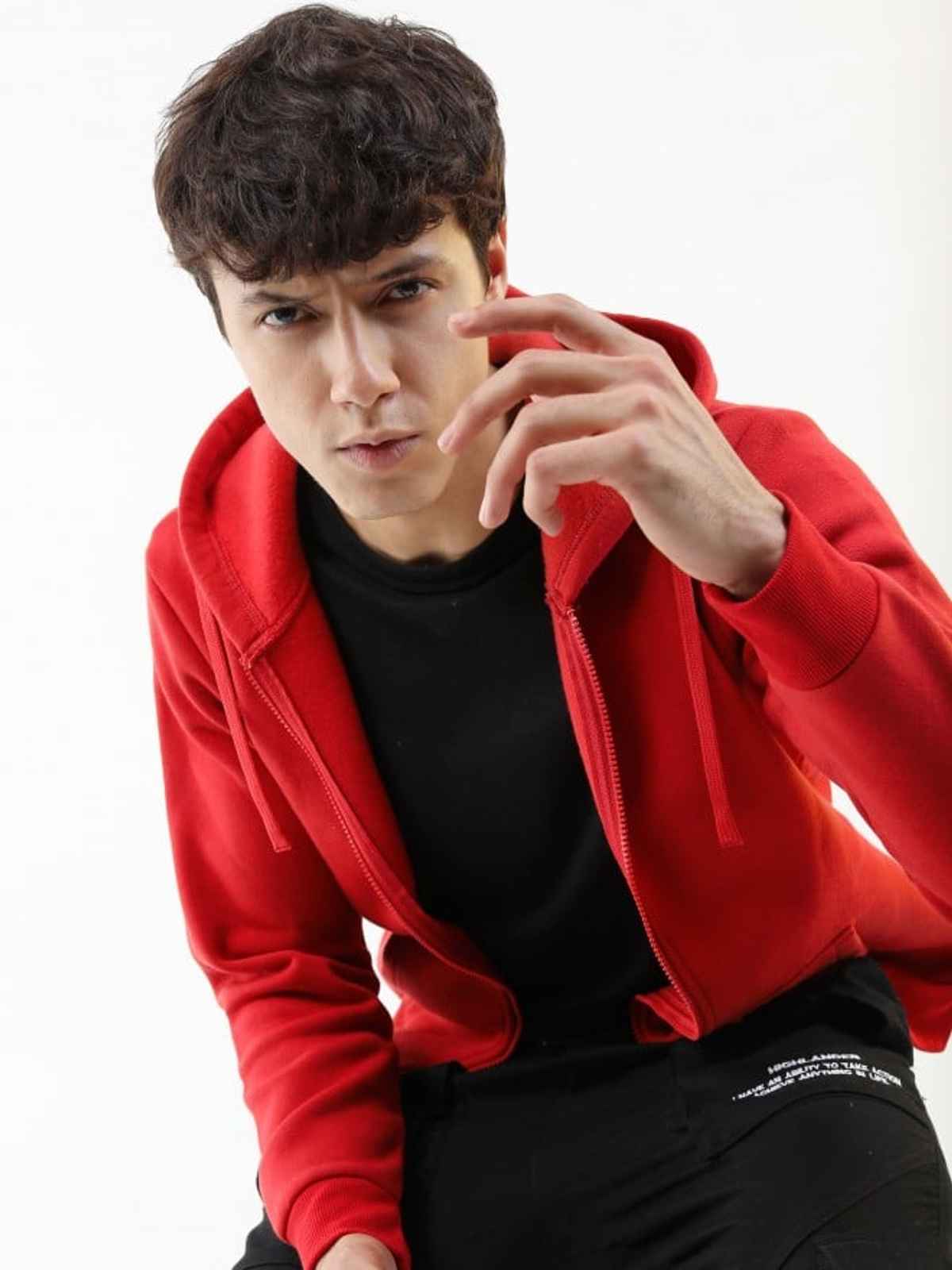 Ketch Men Hooded Solid Sweatshirt | Red | M