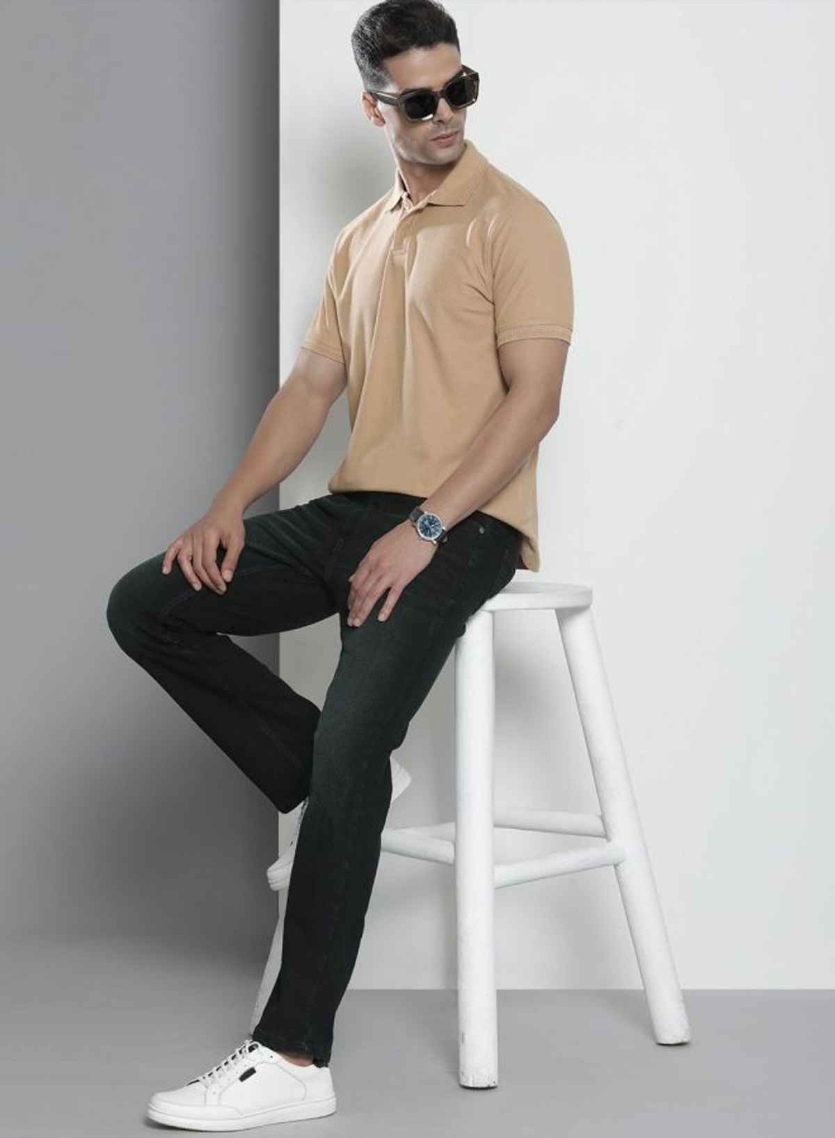 The Indian Garage Co Men's Bootcut Solid Casual Jeans | Blue - 36