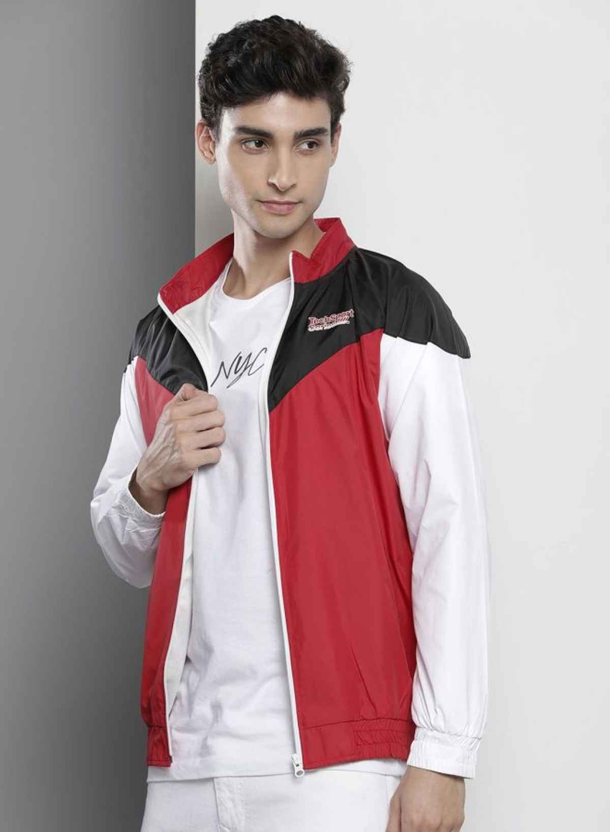 The Indian Garage Co Men's Regular Fit Colorblock Collar Neck Long Sleeves Jacket | Red - XL