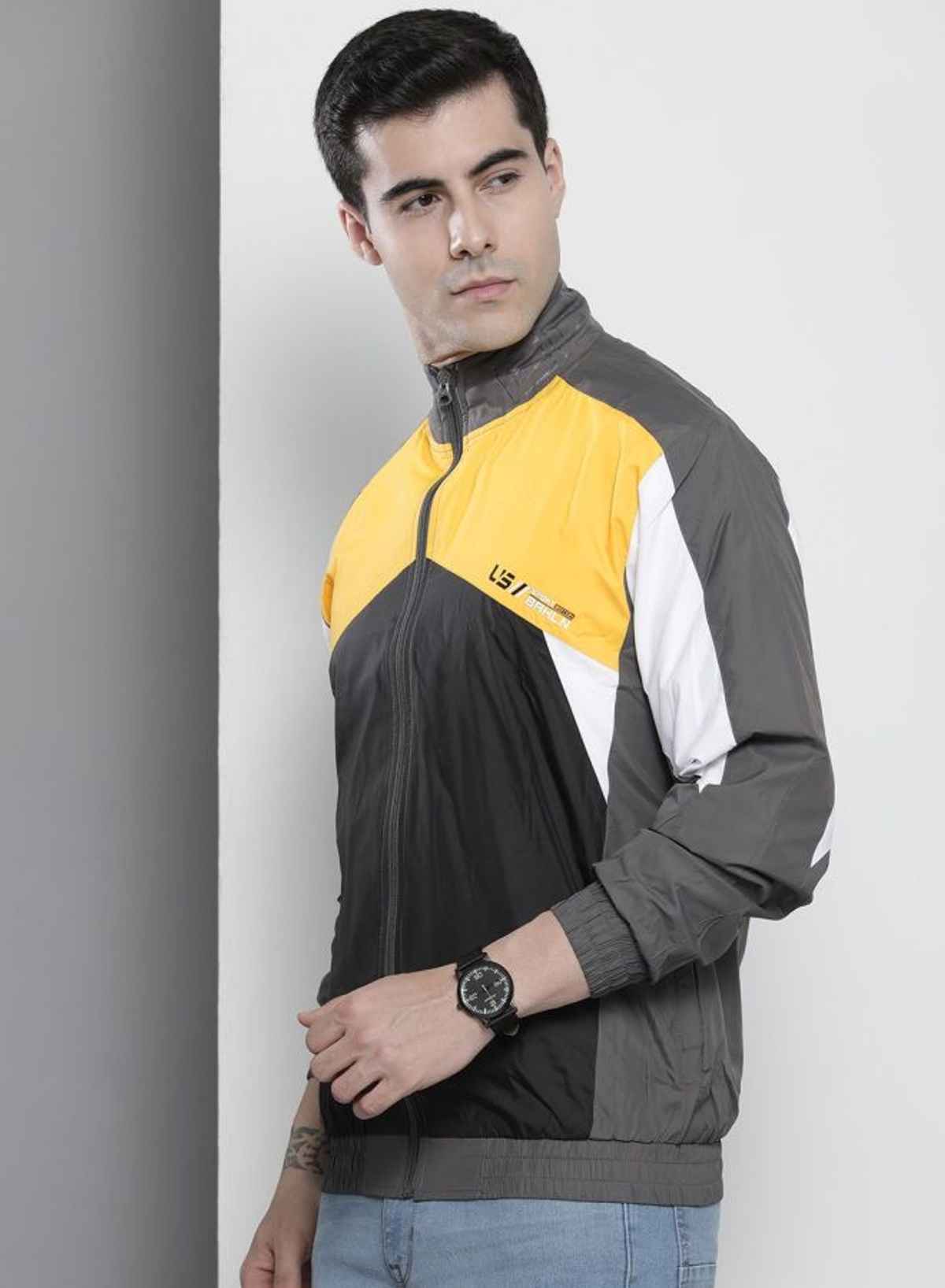 The Indian Garage Co Men's Regular Fit Colorblock Collar Neck Long Sleeves Jacket | Grey - XL