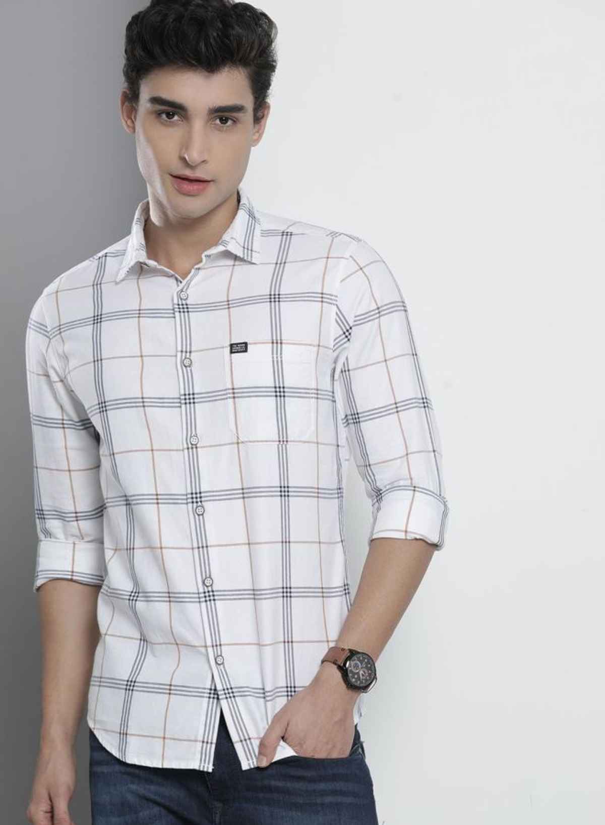 The Indian Garage Co Men's Slim Fit Checked Casual Shirt | White - L