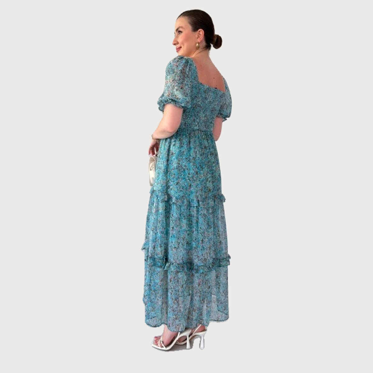 Sheetal Women's Floral Print Georgette Tiered Maxi Dress | DR11262 | Turquoise - L